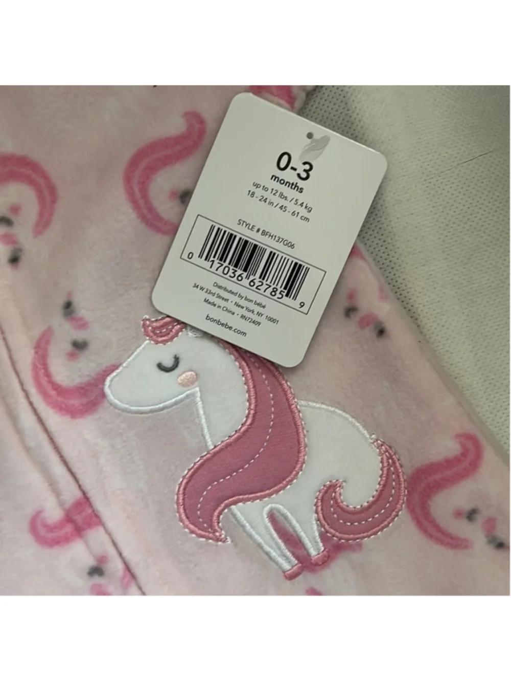 NWT Baby Unicorn Zip Up Fleece Coverall size 0-3 months Pink body suit Bon Bebe